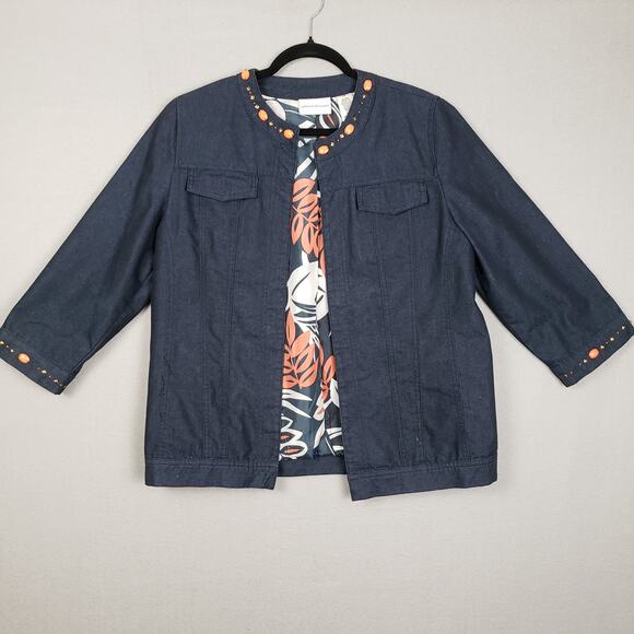 Alfred Dunner Size 8 Beaded Hem Denim Jacket Blue Open Front Boho Western Casual - Picture 1 of 9
